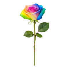 Fototapeta premium Rainbow Rose with Green Leaves on Stem Isolated on White Isolated on transparent background