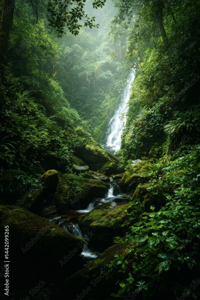 Poster a tranquil waterfall cascading over moss-covered rocks in a lush remote rainforest with mist and sun