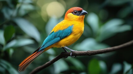 A vibrant island bird perched on a branch, colorful feathers and a multicolored tail. A multi colored Gouldian Finch on its perch.