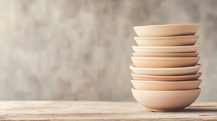 Stack of Ceramic Bowls: A serene still life showcasing a meticulously arranged stack of elegant ceramic bowls, bathed in soft, natural light.