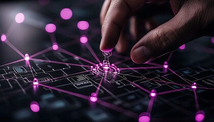 Hand connecting digital nodes on a network map