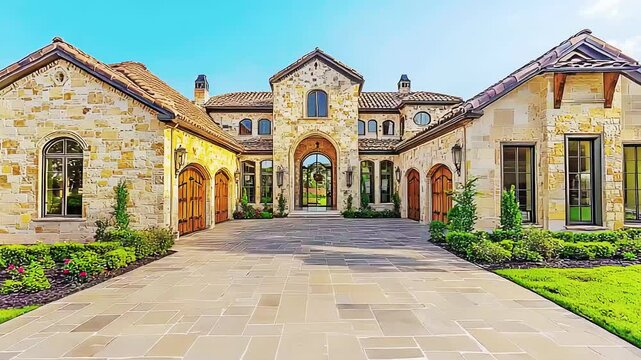 Stone House Design:  Luxury Home Exterior with Landscaping