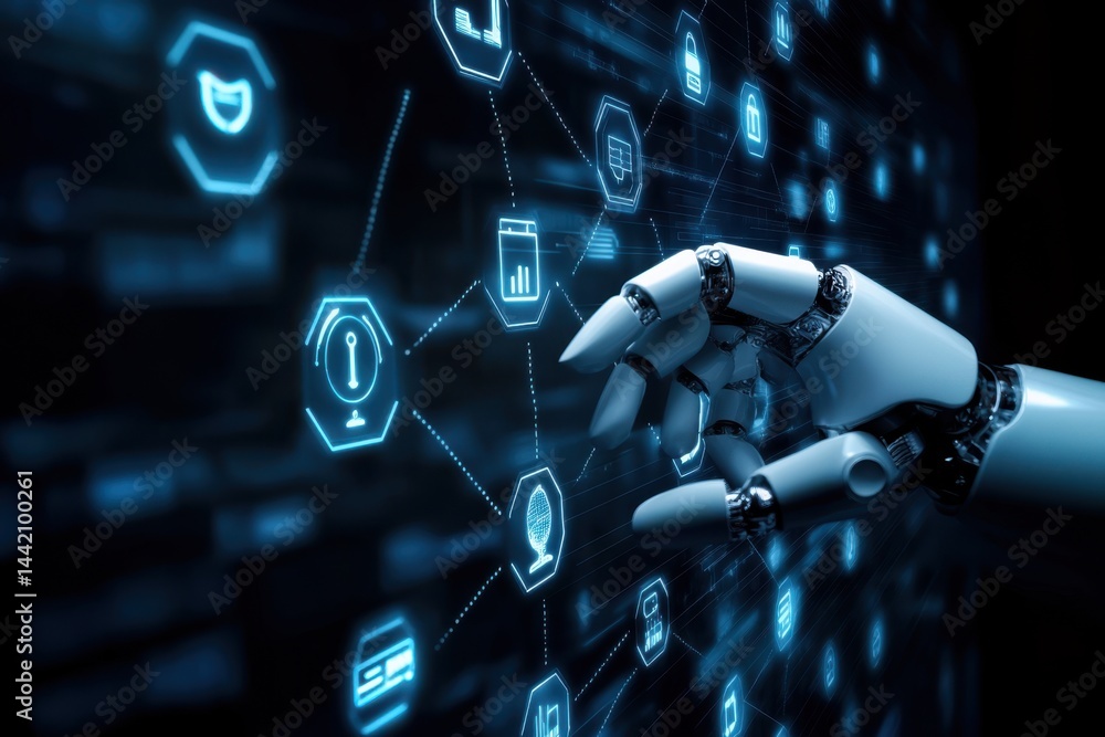 Poster robotic hand interacting with glowing digital icons connected by lines on a dark background tech con
