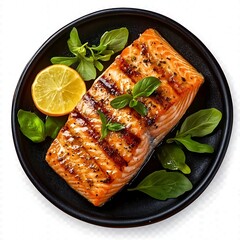 Grilled salmon fillet on black plate with lemon and basil garnish