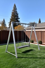 Backyard, swing set, lush lawn, sunny day, spacious yard - lush yard set beautiful backyard