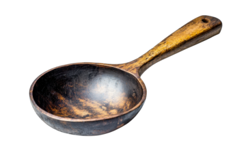 Rustic wooden ladle aged patina dark brown bowl light brown handle isolated white background