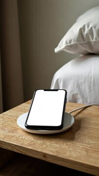 A smartphone rests on a wireless charger next to a neatly arranged bed in a warm and inviting bedroom
