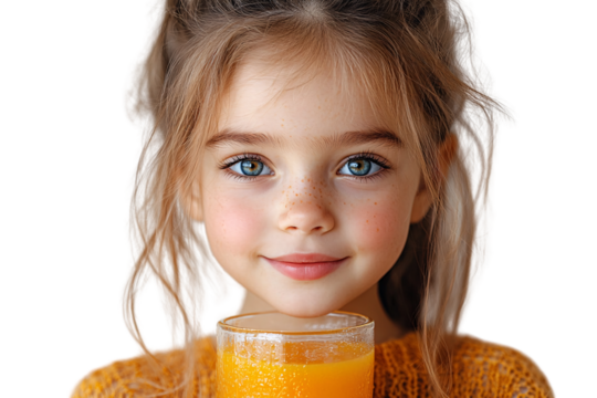 Bright-eyed girl with freckles smiles gently while holding a frosty glass of orange juice, isolated on a transparent background