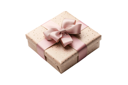 Chic pastel gift box with delicate golden dots and pink satin ribbon, viewed from above, isolated on a transparent background - Powered by Adobe