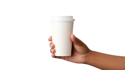 Hand holding a blank cup of coffee isolated on transparent white background, clipping path, pen tool