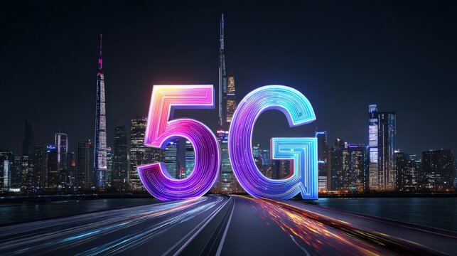 Large, colorful "5G" text in front of a modern city skyline at night, symbolizing advanced wireless technology and connectivity.