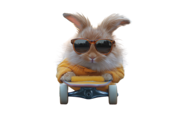 Fluffy bunny in sunglasses and yellow hoodie poses on skateboard, radiating playful, urban fashion energy, isolated on a transparent background