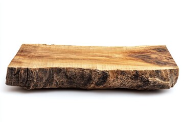 Fototapeta premium A wooden slab with bark edges lying horizontally on a white surface in a studio setting view from side
