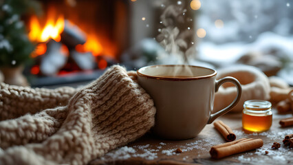 Cozy winter scene with steaming cup, fireplace, and knitted scarf indoors