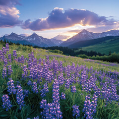 Field of wildflowers in the mountains under a clear blue sky.