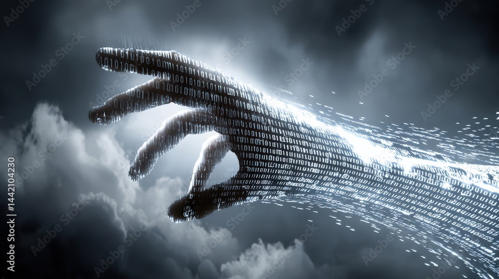 Poster a digital hand made of binary code reaches out against a dramatic cloudy sky, symbolizing technology