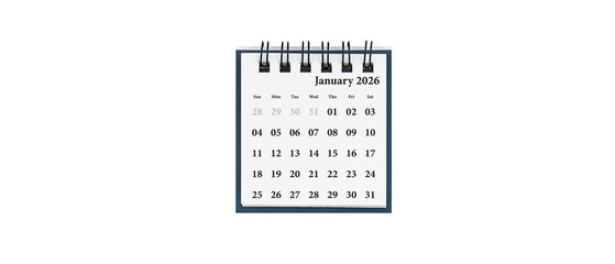 Desktop calendar for january 2026 in white colour. Mini planner for business and finance, spiral view on isolated white background close up.