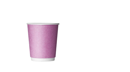 cardboard glass of pink color, for coffee or tea on an isolated white background close up