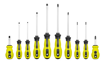 Set of Philips and flathead screwdrivers Yellow color on isolated white background close-up