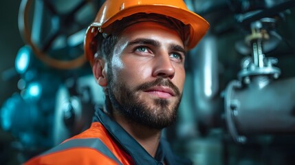 Hydropower technician monitoring turbine control systems in a power plant