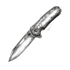 Folding knife vintage logo, black sketch engraving, retro style emblem, trendy knife icon, old classic illustration, craftsmanship engraving, black line drawing, vintage artwork, knife emblem