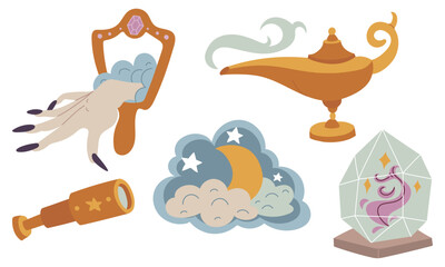 set is magically colored. Mirror, crystal, moon, telescope, flat-style gin lamp. Colored. Suitable for fantasy projects, books, games, and artwork related to magic, alchemy, and mystical rituals.