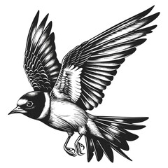 Black and white flying swallow, tattoo sketch vector, vintage engraving, trendy emblem design, bird silhouette, old school tattoo, black line art, emblem sketch, artistic tattoo style