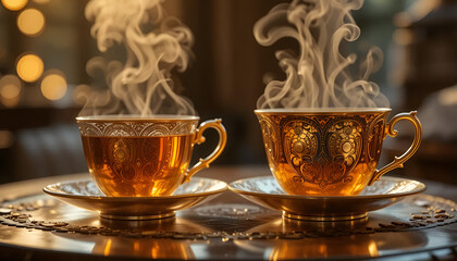 Ornate Golden Teacups with Steam in Warm Evening Light