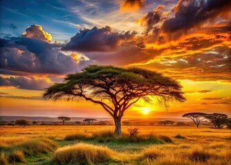 African Sunset Acacia Tree Scenic Landscape Photo