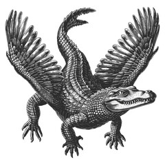 Vintage flying crocodile with wings, black sketch emblem, retro engraving illustration, trendy print, old engraving style, isolated icon, vintage crocodile design, animal wings illustration