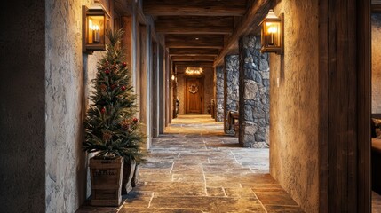 Cozy Rustic Cabin Hallway with Holiday Decor and Warm Lighting