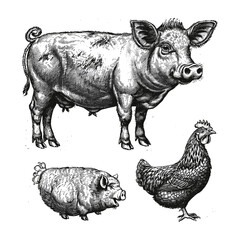 Cow, pig, chicken, hand drawn outline, old black and white engraving style, meat emblem, vintage farm logo, pork beef poultry icon, trendy sketch art, rustic farmhouse decor