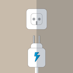 Flat vector illustration of a power plug and electrical socket with lightning bolt symbol
