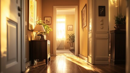 Serene Hallway with Natural Light and Warm Interior Decor Elements