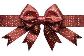 Shiny red ribbon with golden polka dots, tied into a festive and charming holiday bow, isolated on a transparent background