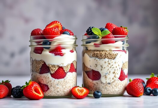 Mason jars filled with layered overnight oats, chia seeds, yogurt & fresh berries,  colorful, berries