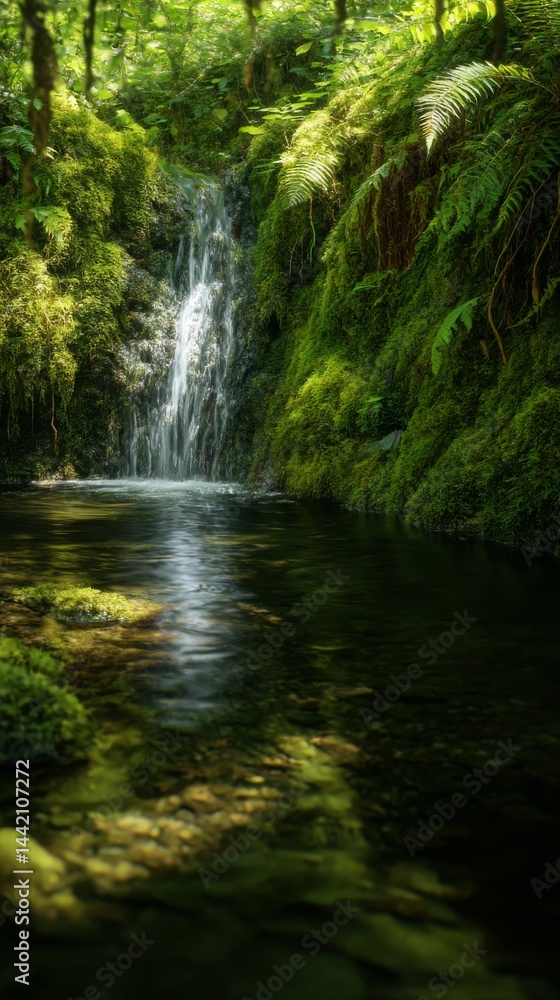 Poster a hidden forest waterfall with crystal-clear water flowing into a serene pool framed by moss and fer