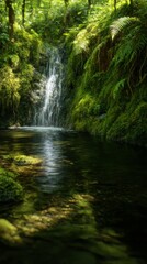 Fototapeta premium A hidden forest waterfall with crystal-clear water flowing into a serene pool framed by moss and ferns in dappled sunlight Generative AI