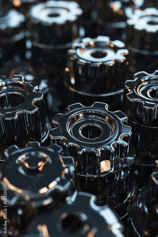 Poster sleek metallic symphony a close-up view of interlocking precise silver gears in motion