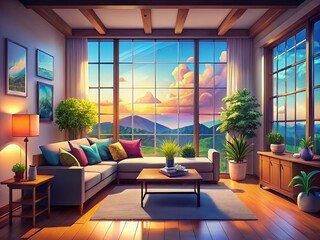 Fototapeta premium Animated Virtual Background Cozy Living Room, Stream Overlay, VTuber Asset