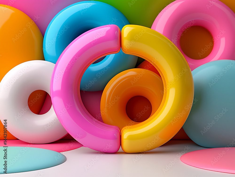 Poster bright and fun background with large overlapping circles in a rainbow gradient, playful and vibrant