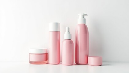 Elegant cosmetic bottles against a stark white backdrop , aesthetic, bright, product