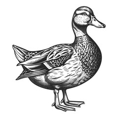 Black duck vector, vintage engraving illustration, emblem logo, trendy engraving style, isolated object, old sketch, antique design, classic artwork, retro duck drawing