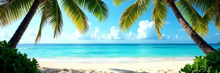 Palm trees framing serene seascape of Mexican beach, seascape, ocean, palm trees