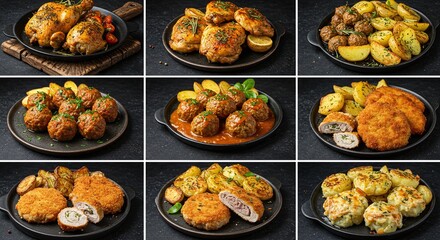 Assortment of cooked meat and potato dishes on black plates against dark background