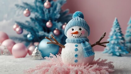 super cute baby snowman with pink details around white christmas tree decorated with shades of blue pink details