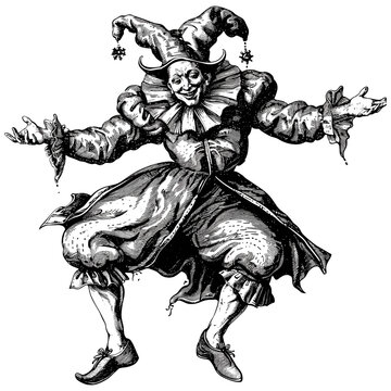Black and white medieval jester, vintage woodcut, trendy line art, classic logo, old engraving style, historical character, emblem design, retro art, vintage illustration, detailed artwork