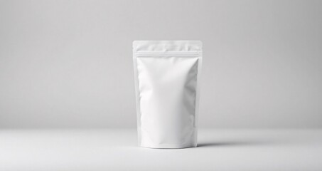 Glossy white standing pouch on smooth light grey studio background with soft lighting. Modern clean look perfect for branding or packaging mockups.