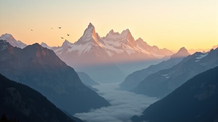 Fototapeta premium Aerial Symphony: Birds and Peaks at Sunrise