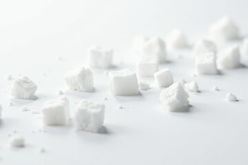 Scattered white sugar crystals on white background, studio, icing